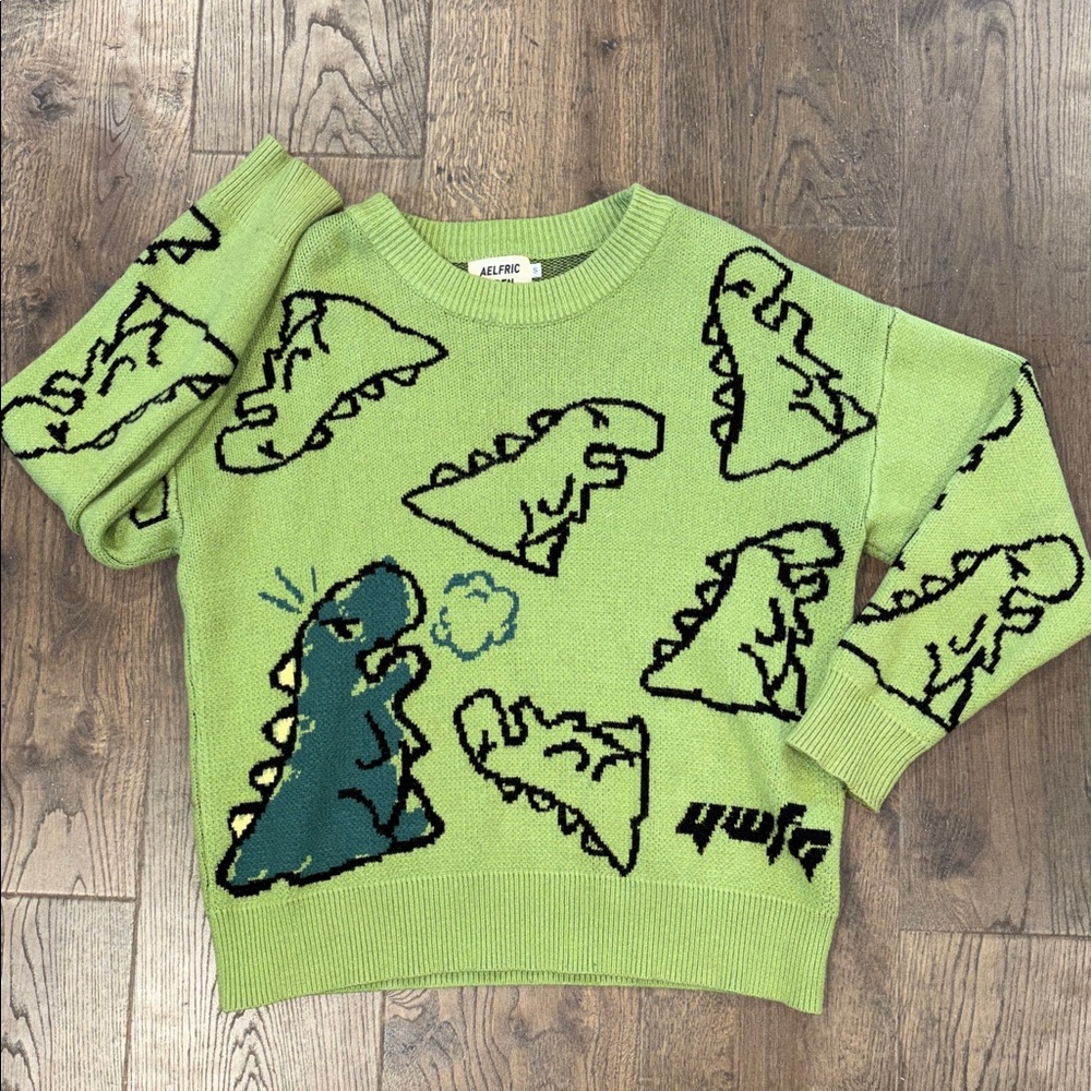 Aelfric Eden Green Cartoon Dino Intarsia Crewneck Sweater - Small